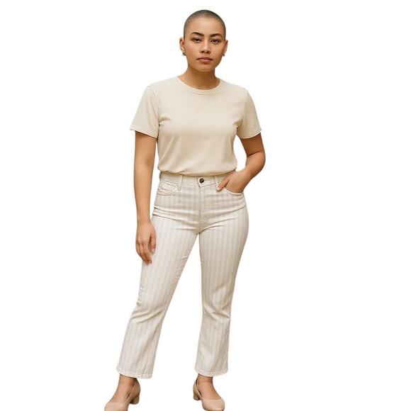 FRAME Women’s Tan+White Striped Le Bardot Crop Flare Raw Edge Denim Pant-size 33 - Picture 15 of 15